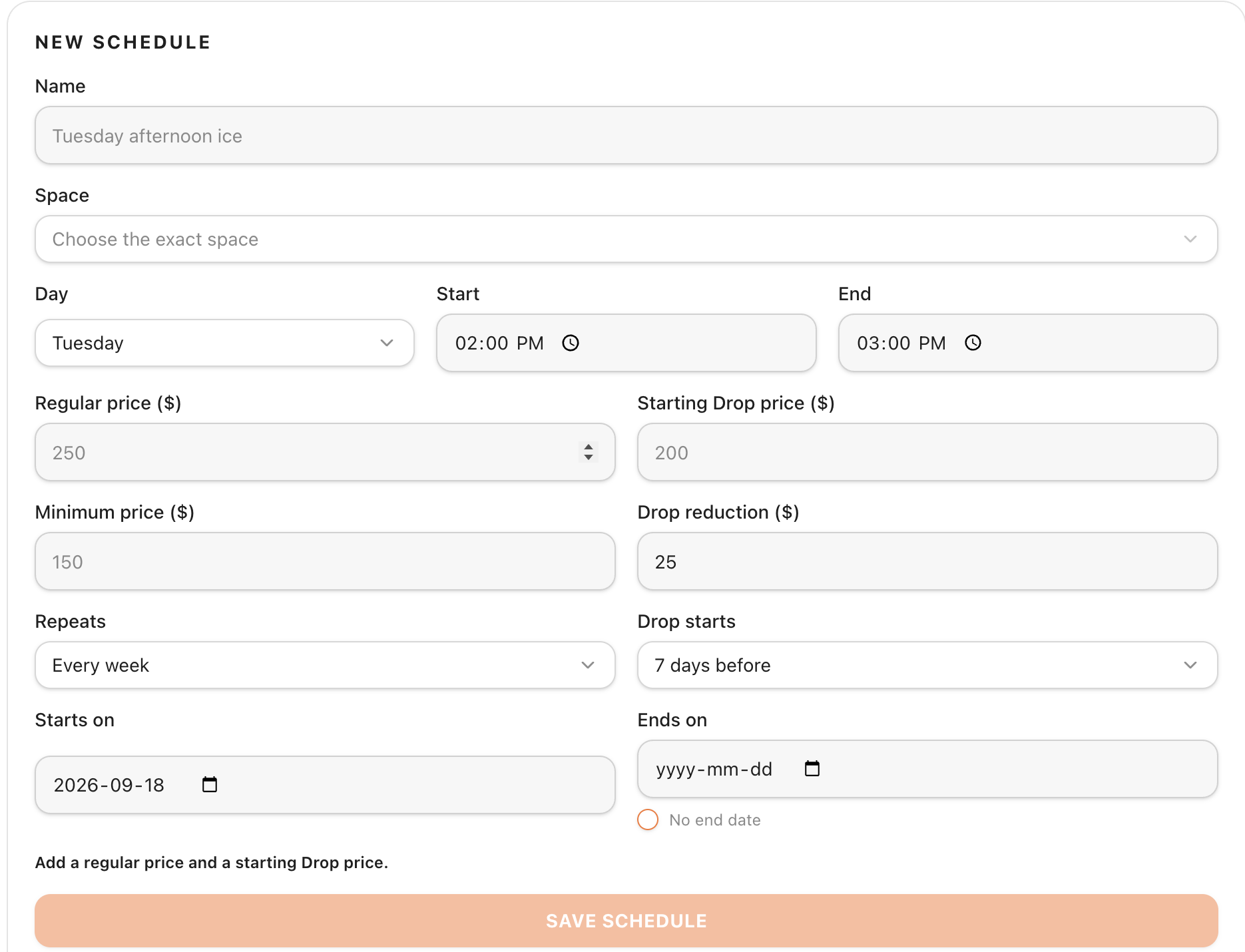 New Schedule form for recurring Drop availability and pricing