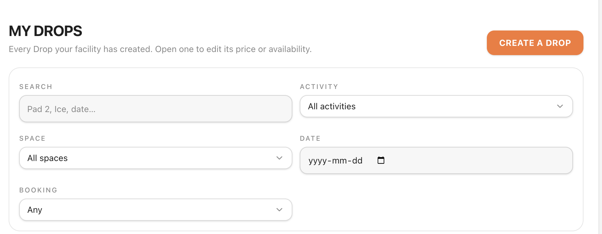 PlayDrop facility dashboard showing existing Drops with search and filters