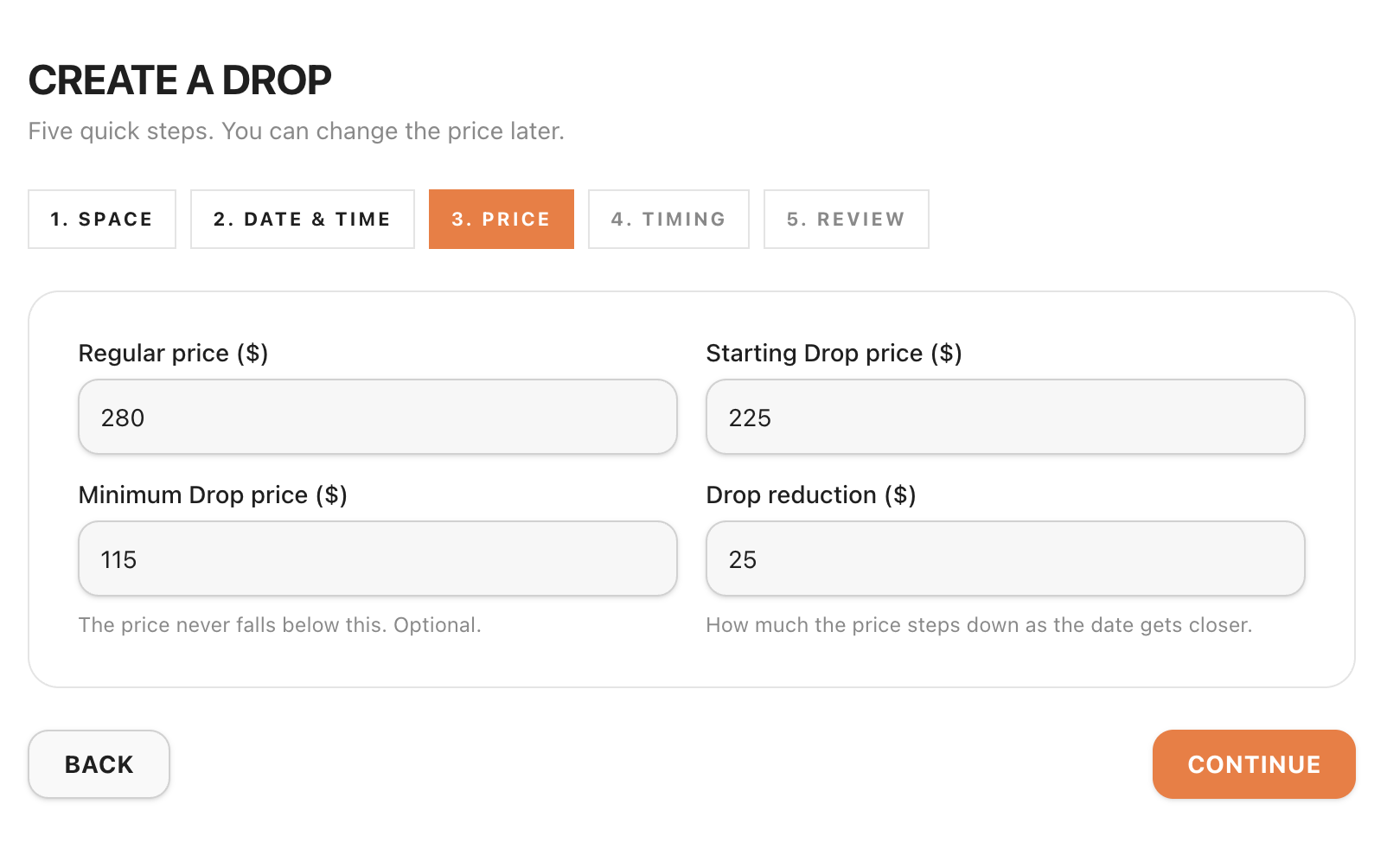 Create a Drop wizard on the price step with regular and minimum pricing fields